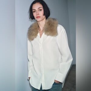 Zara White Button Down Shirt with Faux Fur Collar